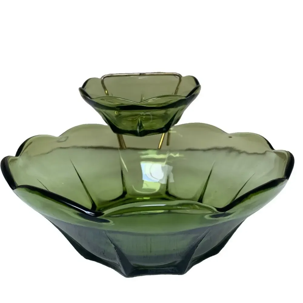 3 Piece Vintage Anchor Hocking Avocado Green Glass Chip and Dip Bowl Set